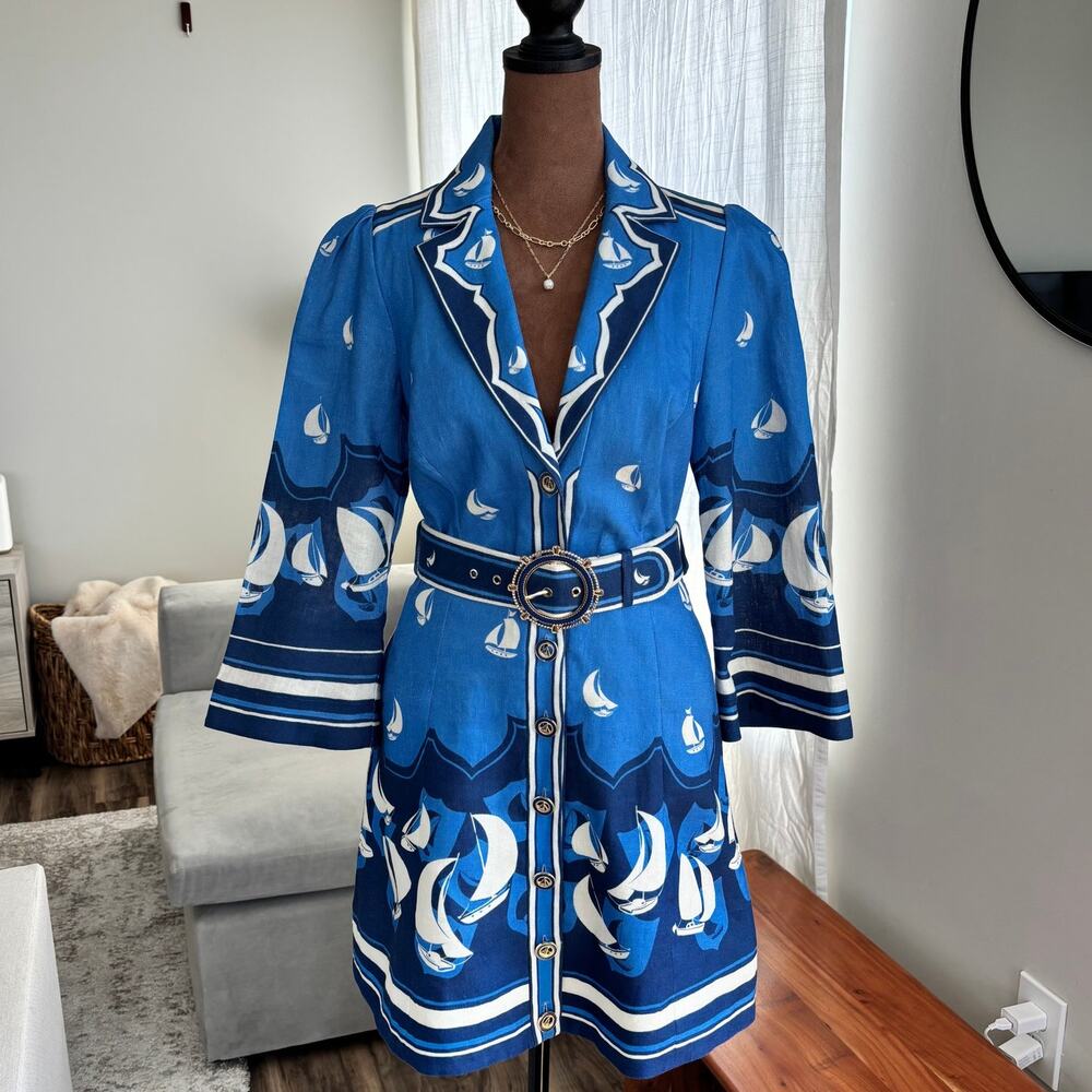 Zimmermann High Tide Linen Mini Dress Blue Sailboat Belted Size 0 Style 5751DHIG - Picture 2 of 16